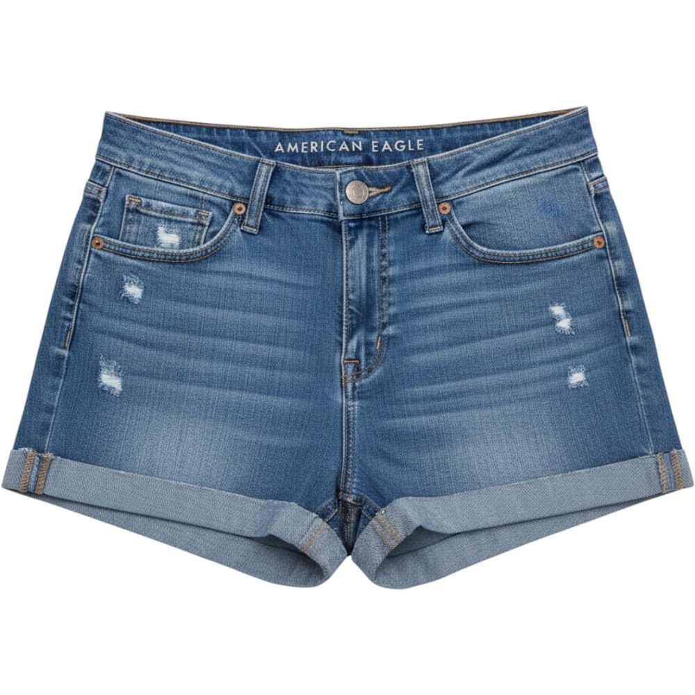 American Eagle Stretch Distressed Denim Shorts Medium Wash High Rise Size 2